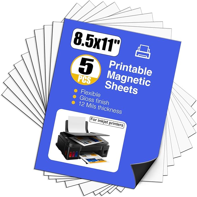 Printable Magnetic Paper,Non Adhesive,12 mils Thick Magnet Glossy Sheets for Inkjet Printer in Office,5 Sheets Flexible Magnetic Printer Photo For DIY