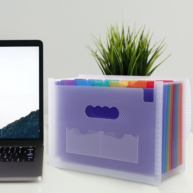 SKYDUE Accordion File Organizer, 12 Pockets File Folders, Letter Size Expanding File Folder with Colored Tabs and Expandable Cover (Transparent)