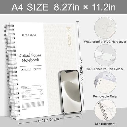 EMSHOI A4 Spiral Notebook Bullet Dotted Journal, Dotted Grid Notebook with 300 Pages, 100gsm Thick Paper, Waterproof Softcover Notebook for School Work Writing, 8.27" × 11.2" - Transparent