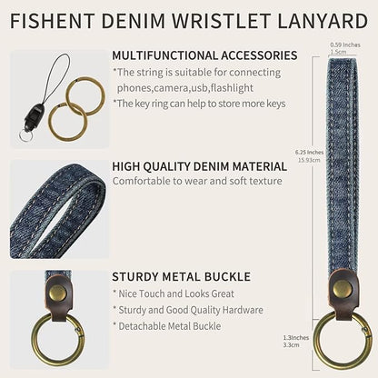Fishent Denim Wristlet Keychain for Women Men, Cute Key Chain, Wrist Lanyards for Car Keys ID Badge Wallet Card Holder