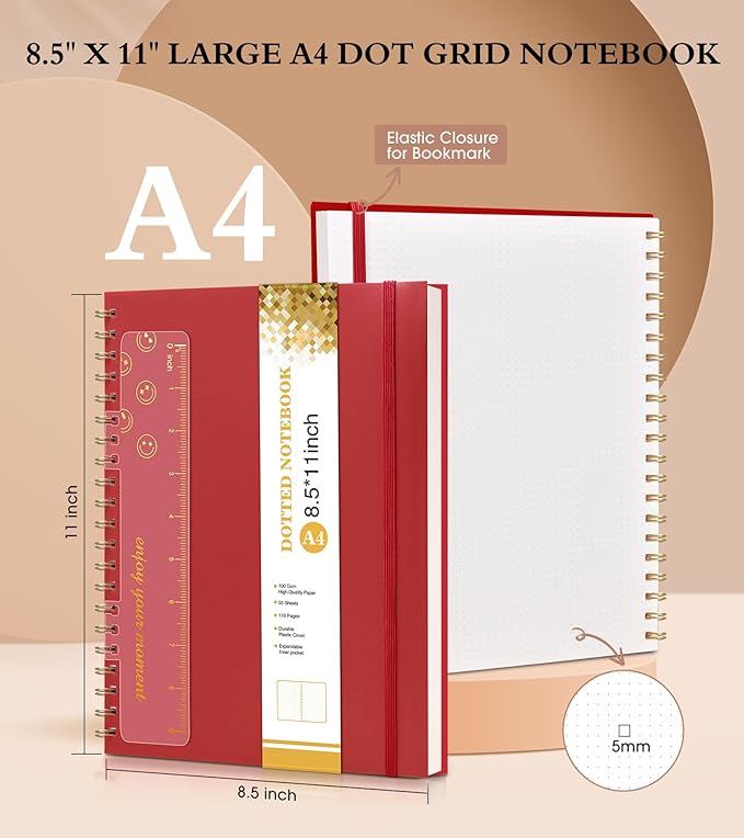 Dotted Notebook, Spiral Notebook Journal 8.5” x 11”, A4 Large Dot Grid Notebooks for Women Men, 100 GSM Dotted Paper, Plastic Hardcover Spiral Bullet Dotted Journals for Work School Sketching, Red