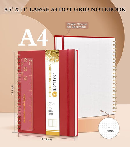 Dotted Notebook, Spiral Notebook Journal 8.5” x 11”, A4 Large Dot Grid Notebooks for Women Men, 100 GSM Dotted Paper, Plastic Hardcover Spiral Bullet Dotted Journals for Work School Sketching, Red