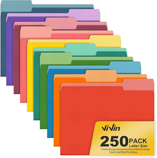 ViVin File Folder, 250 Pack Colored File Folders with 1/3-Cut Tabs, Fits 8.5 * 11 Letter Size Paper, Manilla Folders for Home Office School Documents(Multicolored)