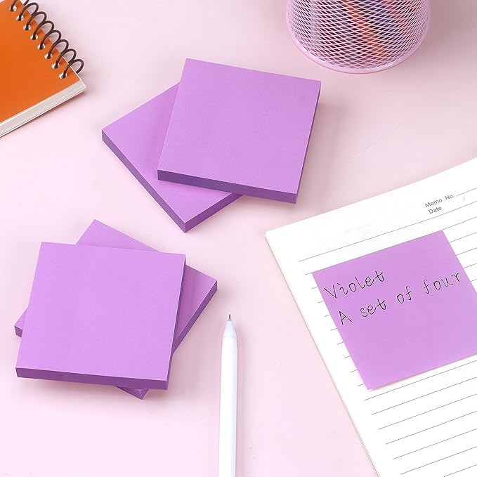 Sticky Notes 3x3 Self-Stick Notes Bright Colors Sticky Notes 4 Pads 100 Sheets/Pad (Purple)