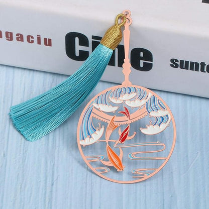 TOYANDONA Bookmarks with Tassels Hollow Book Mark Chinese Retro Bookmarks Vintage Bookmarks Retro Bookmarks Plant Printing Rose Gold Book Page Holder Round Fan Metal