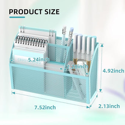 DALTACK Magnetic Pencil Holder - 3-Grid Mesh Shelf for Whiteboard, Refrigerator & Locker - Organizer for Home, School & Office, Blue