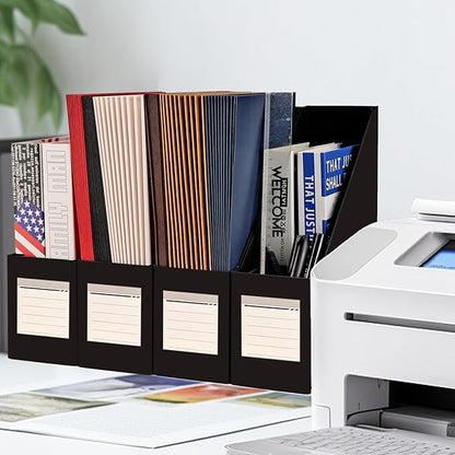 Magazine File Holder( 4Pack,Black) Paperboard Book Organizer- Desk Magazine File Organizer for Home, Office, Classroom-Storage Box for Dounments with Label Stickers.