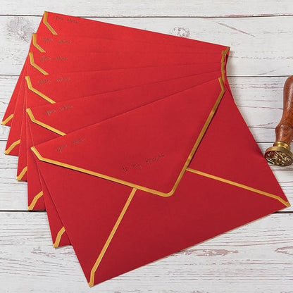 50 Pack A7 Envelopes Red 5 x 7 Self-Adhesive V Flap Envelopes with Gold Border for Office, Greeting Card, Wedding, Graduation, Baby Shower, Parties, Invitations (Red, 5x7)