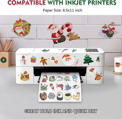 60 Sheets Premium Printable Clear Vinyl Sticker Paper for Inkjet Printer, 8.5x11" Transparently Vinyl Sticker Paper Waterproof, Dries Quickly, Vivid Colors, Tear Resistant, Great for Cutting Machines