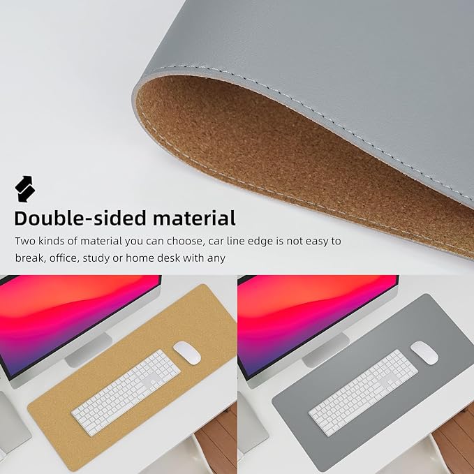 Leather Desk pad Protector,47" x 17" Large Desk mat with Natural Cork & PU Leather,Mouse pad,Non-Slip Office Desk Mat,Waterproof Desk Writing Pad for Office and Home (Light Gray)