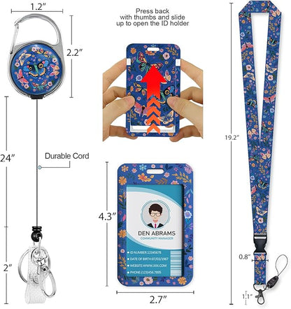 Lanyards for Id Badges, Butterfly Flowers Badge Holder with Retractable Reel Belt Clip, Cute Work Name Tag Lanyard Vertical ID Card Protector Case for Women Nurse Doctor Teacher Student