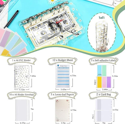 36 Pieces A6 Binder PVC Cover with 10 Clear Binder Pockets, Waterproof 6-Ring Budget Binder Envelopes System Budget Planner Organizer, Budget Sheets & Card Bags & Papers & Label for Cash Envelopes