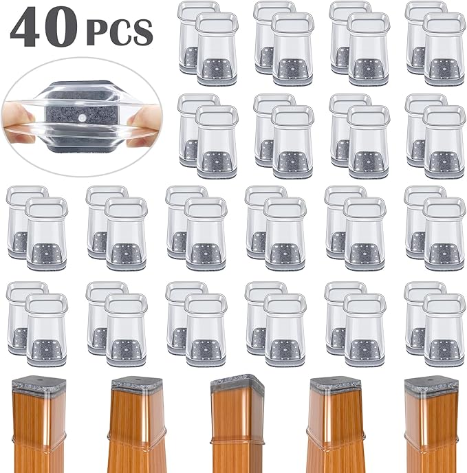 BUMACO Chair Leg Floor Protectors Square Chair Leg Protectors for Hardwood Floors Silicone Pads Covers to Protect Floors(Clear-40 Pcs, Square XS (1/2"~ 3/4")