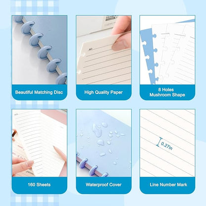 Discbound Notebook, 8-Disc Disbound Planner with Removable Pages, 180 Pages Spiral Notebook, Poly Cover Discbound Planner for Work, Travel, Note Taking(With Index Sticker),Blue,A5
