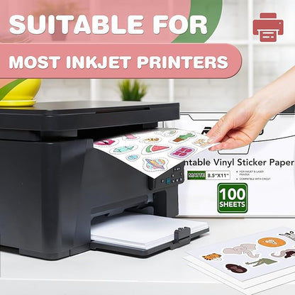100 PCS Printable Vinyl Sticker Paper for inkjet printer & Laser Printer,Standard Letter Size 8.5"x11",Waterproof Sticker Paper Dries Quickly Vivid Colors,Matte White