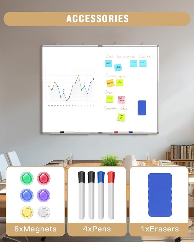 48"X 36" Large Magnetic Dry Erase Whiteboard, Removable Wall Hanging Board with 4 Pens & 1 Dry Erasers & 6 Magnets, Sliver Aluminum Frame White