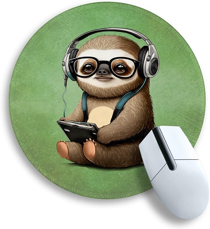 Funny Green Round Mouse Pad Mouse Pad for Desk, Cute Sloth Computer Mousepad with Stitched Edge Non-Slip Rubber Base, Cute Green Home Office Decor Desk Accessories Office Supplies Gift for Women Men