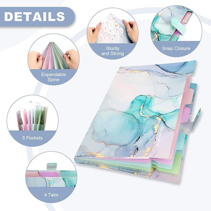 Ddaowanx Expanding File Folder, Letter A4 Size Accordion Plastic File Organizer, 5 Pocket Folders for Documents, Aesthetic Folder with Labels, Paper Organizer for School Office (Blue Marble)