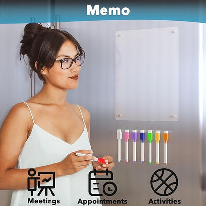 Acrylic Magnetic Dry Erase Board for Fridge, Clear Whiteboard for Refrigerator, Notepad Memo to Do/Grocery List White Board, w/ 8 Colors Markers, 12"x9"