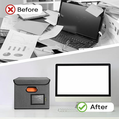 BALEINE File Organizer Box with Lid, Collapsible File Folder Organizer with Plastic Slide, Hanging File Folder Box for Office Document Storage (2 Pack, Black)