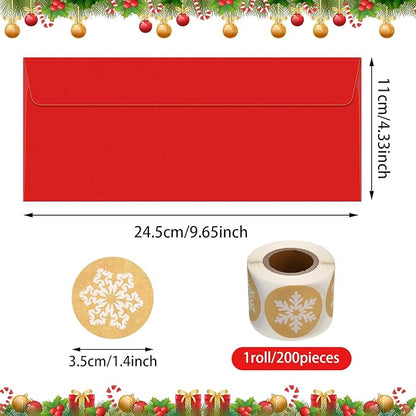 100 Pieces Number 10 Envelopes Gift Card Envelopes with 200 Pieces Christmas Kraft Snowflake Stickers Valentine's Day Stickers for Festive Letters Holiday Mail Gift Supplies (Simple Style)