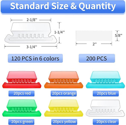 Hanging File Folder Tabs, 120 Pcs File Folder Tabs and 200 Pcs Inserts, File Tabs for Hanging Folders, Plastic Hanging Folder Tabs, Clear Hanging File Tabs for File Folders(Multicolor)