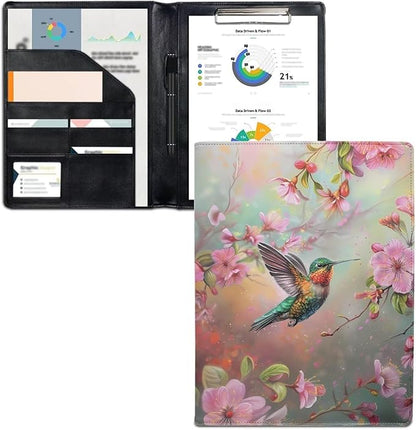 Cozeyat Spring Hummingbird Padfolio for Women PU Leather Portfolio Folder for Documents, File Folders Letter Size Portfolio Binder for Job Work Office