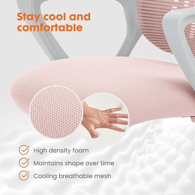 Sweetcrispy Office Computer Desk Managerial Executive Chair, Ergonomic Mid-Back Mesh Rolling Work Swivel Chairs with Wheels, Comfortable Lumbar Support, Comfy Arms for Home,Bedroom,Study,Student,Pink