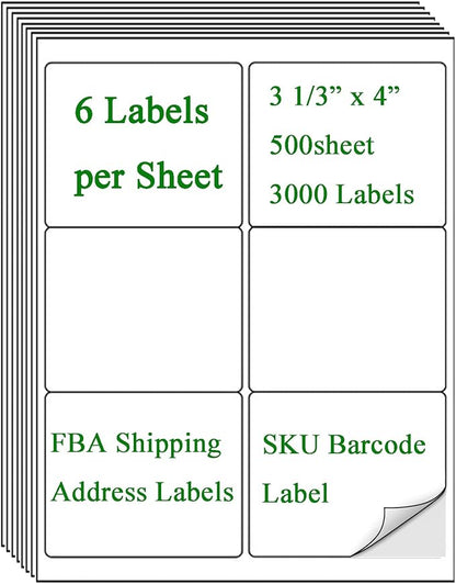 (8164/5164) 6 Up Shipping Address Labels, 3.33" X 4" FBA SKU Barcode Label for Inkjet/Laser Printer (500 Sheet -3000 Labels)
