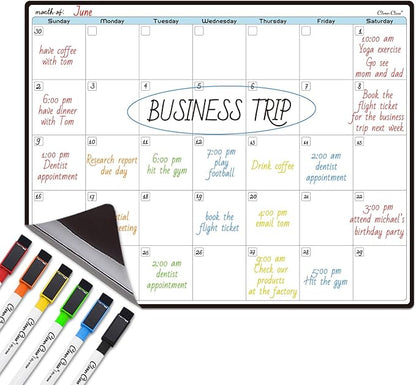 CLEVER CLEAN Magnetic Dry Erase Monthly Calendar - 14.25"x11.25" Monthly Calendar Board for Fridge - 6 Extra Fine Point Markers Included - Shipped Flat