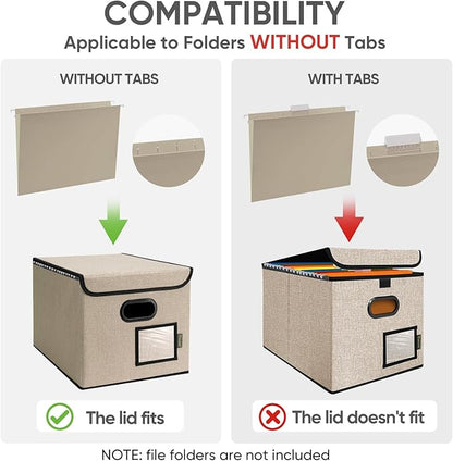 BALEINE File Organizer Box with Lid, Collapsible File Folder Organizer with Plastic Slide, Hanging File Folder Box for Office Document Storage (2 Pack, Beige)