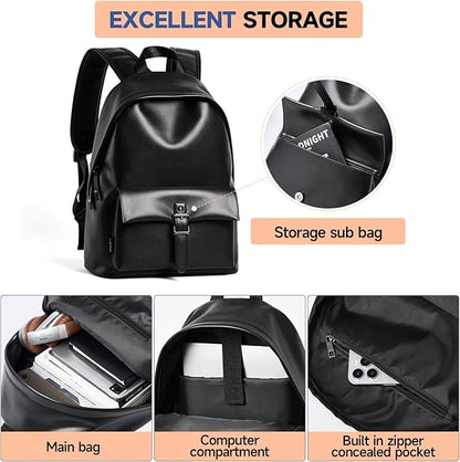 Black Leather Backpack For Men Waterproof Carry On BackPack Large Rucksack Fit 16-inch Laptop Hiking Daypack Travel Sport College Backpack