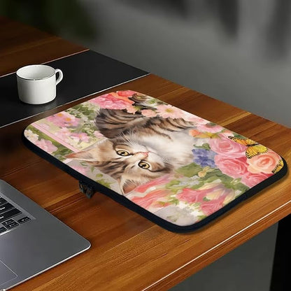 Cat Rose Printed Laptop Bag for Women Men, Lightweight Laptop Briefcase 12 Inch Shockproof Computer Carrying Cover with Zipper, Easy to Carry Laptop Case Bag for Daily Commuting