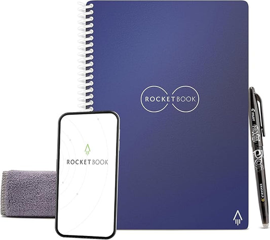Rocketbook Core Reusable Spiral Notebook, Executive Size 6x8.8, Navy Blue - Lined Pages, App-Connected, Erasable, Durable Cover, Ideal for School, Work, and Creative Projects