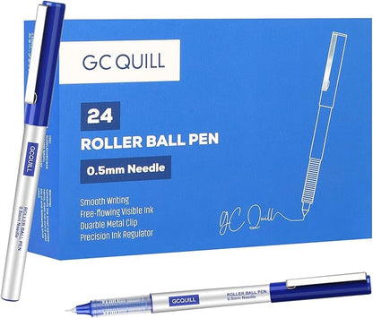 GC QUILL 48 Rollerball Pens 0.5mm Needle Point Black Liquid Ink Pens 24 and Blue Liquid Ink Pens 24 for Bullet Journaling, Office Supplies for Writing, Taking Notes & Sketching BKL48