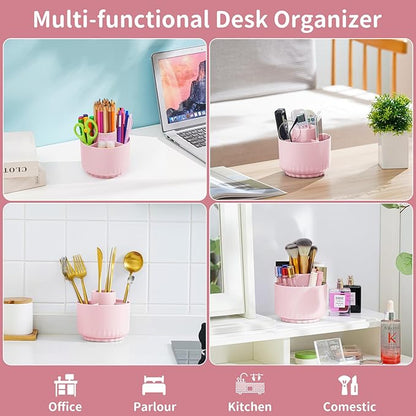 Marbrasse Desk Organizer - 360-Degree Rotating Pen Pencil Holder with 5 Compartments, Art Supply Storage Box Caddy for Office and Home (Pink)