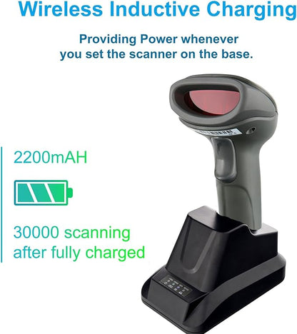 Wireless Barcode Scanner with USB Cradle Receiver Charging Base, 2.4GHz Handheld 1D Cordless Laser Barcode Reader, UP to 150Ft Transmission Range, long-life Battery 2200mAh, 1 Year Warranty.