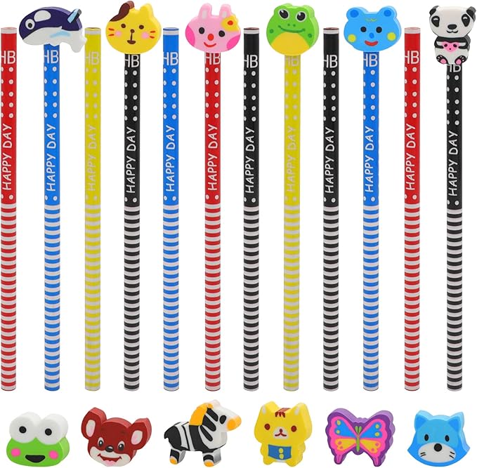 BUSHIBU Cute Pencils for Kids, Fun Pencil with Erasers Toppers, Woodcased #2 Pencils for School Classroom(12 Pack)