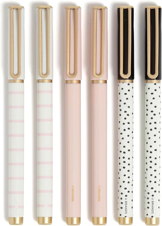 U Brands Catalina Felt Tip Pens, Set of 6, Classic Chic Stripes and Dots with Gold Details, Medium (0.7 mm) Point, Black Ink