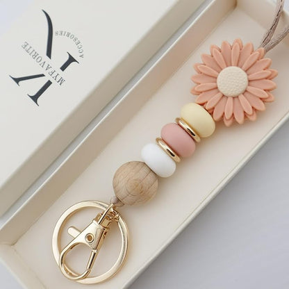 Flower Teacher Lanyards ID Badge and Key Chain, Cute Silicone Beads Lanyard for Women Nurse Work Student (Rose)