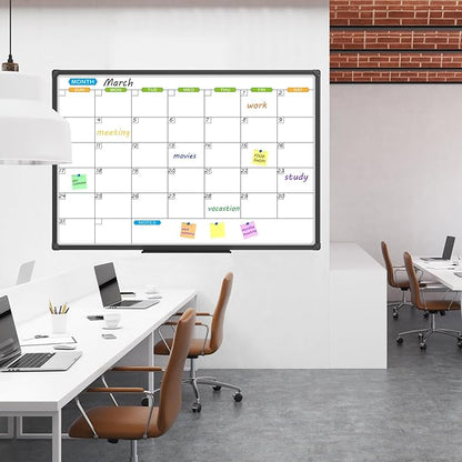 JILoffice Dry Erase Calendar Whiteboard 48 X 36 Inch - Magnetic White Board Calendar Monthly, Black Aluminum Frame Wall Mounted Board for Office Home and School