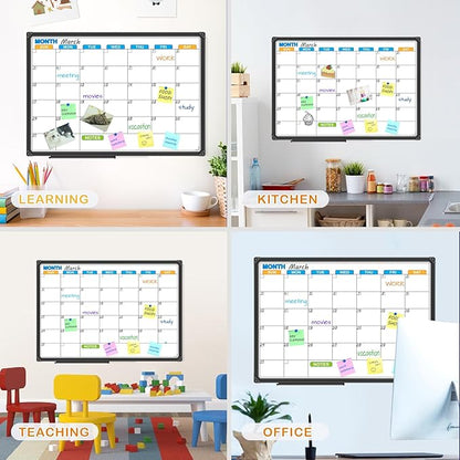 JILoffice Dry Erase Calendar Whiteboard - Magnetic White Board Calendar Monthly 24 X 18 Inch, Black Aluminium Frame Wall Mounted Board for Office Home and School