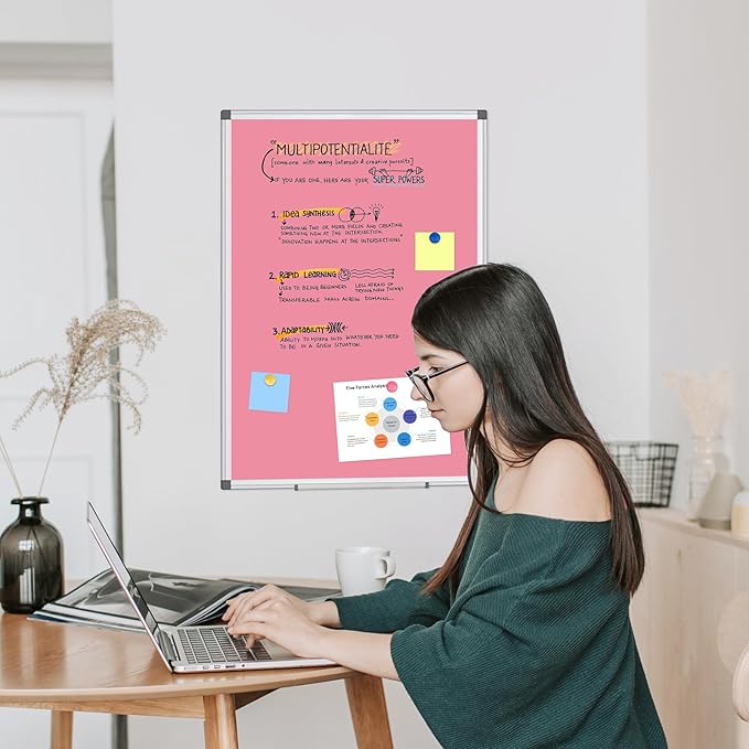 WALGLASS Magnetic Whiteboard 24"x18" Dry Erase White Board for Walls with Pen Tray, Aluminium Frame and Dry-Wipe Writing Surface for Kids' Drawing, Home, and Office (Pink)