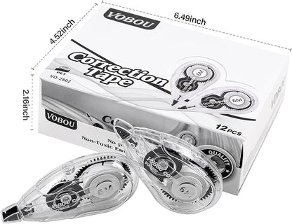 White Correction Tape, Easy To Use Applicator for Instant Corrections Wrong Writing At Any Time, For school, Office (12pack, 6M/256" x 0.2")