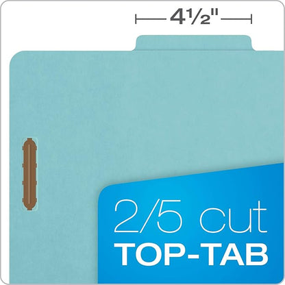Pendaflex Recycled Classification File Folders, 2 Dividers, 2" Embedded Fasteners, 2/5 Tab Cut, Letter Size, Light Blue, Box of 10 (24030R)