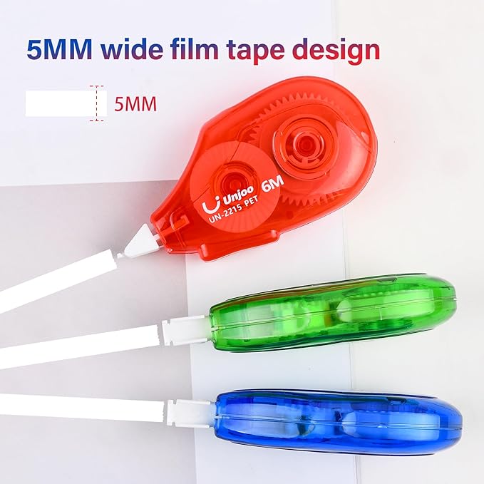 White Correction Tape, Easy To Use Applicator for Instant Corrections Wrong Writing At Any Time, For school, Office (6M/256" x 0.2",3 colors,12pack)