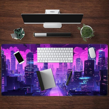 Cyberpunk Neon Purple City Gaming Desk Mouse Pad XL Pink Extended Mouse Pad Gaming, Keyboard Pc Office Laptop Mousepad Large, 31.5x15.8 in with Stitched Eges Non-Slip Base Mouse Pads
