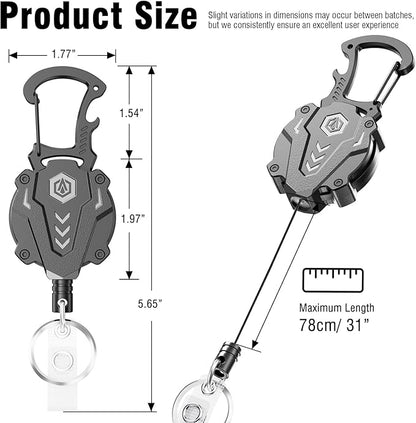 1Pack Heavy Duty Retractable Keychain, Tactical ID Badge Holder Reel Carabiner Clip with Magnetic Closure for Men, Unbreakable Sandwich Construction with 31" Dyneema Cord, Bearing 25oz