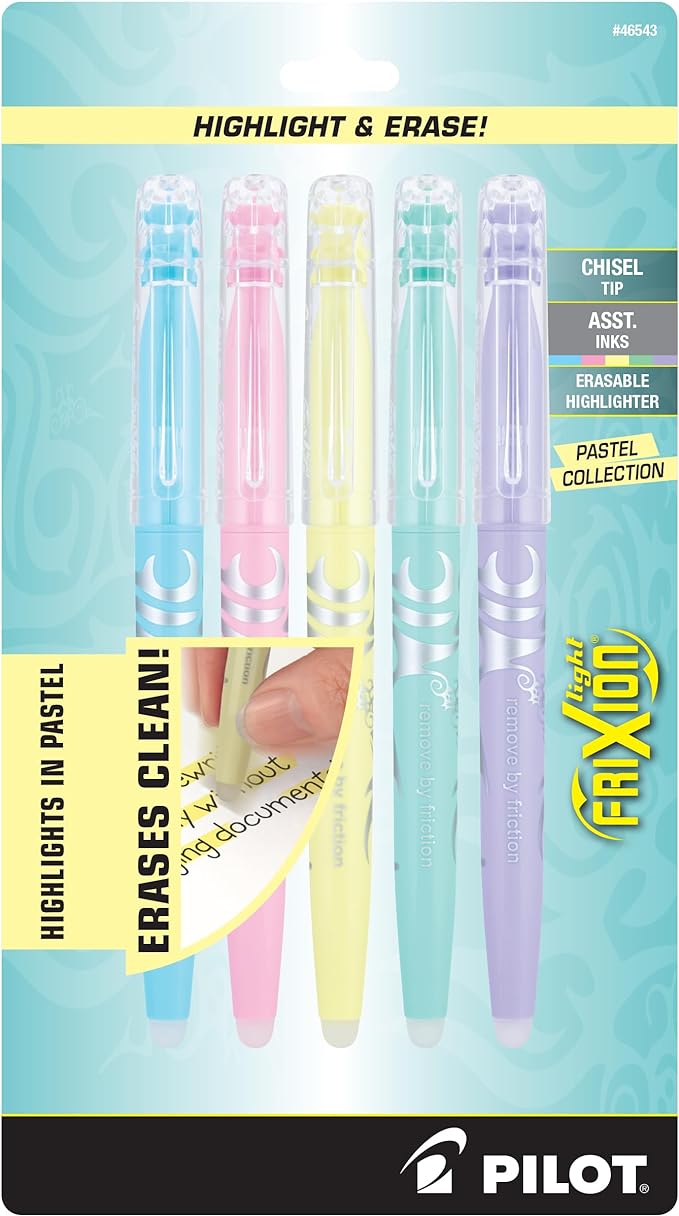 Pilot, FriXion Light Pastel Erasable Highlighters, Chisel Tip, Pack of 5, Pastel Blue, Pink, Yellow, Green & Purple