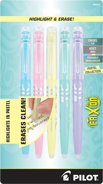 Pilot, FriXion Light Pastel Erasable Highlighters, Chisel Tip, Pack of 5, Pastel Blue, Pink, Yellow, Green & Purple